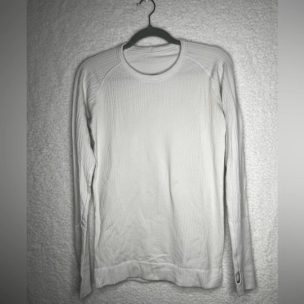 Lululemon White Textured Thermal Long Sleeve Crew Neck Top Sz 8 Activewear Gym